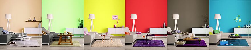 Beispiel für Farbwirkung in Räumen anhand eines Wohnzimmers mit sechs/6 unterschiedlichen Wandfarben.