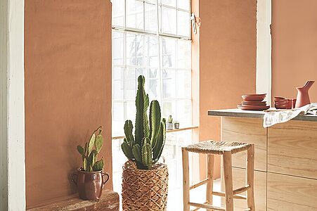 Gebranntes Lehmorange. Eine in diesem erdigen und sommerlichen Terracotta-Ton gestrichene Landhausküche mit Sprossenfenster.
