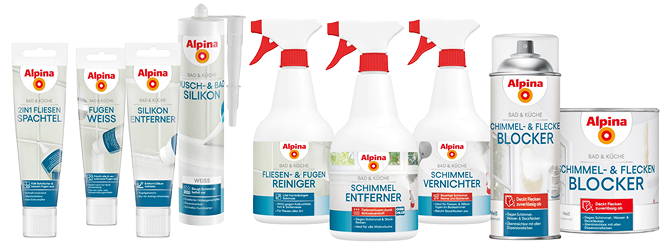 Abbildung von Produkten zum Ausbessern und Vorbereiten aus dem Alpina Bad & Küche Sortiment
